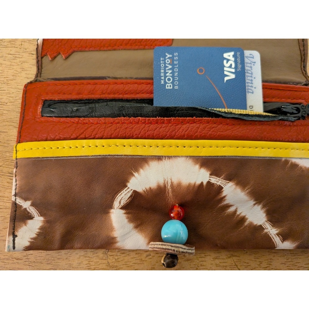 Taytu Ethiopia Brown Tie Dye Leather Monster Clutch Wallet Bead Closure - Picture 7 of 12